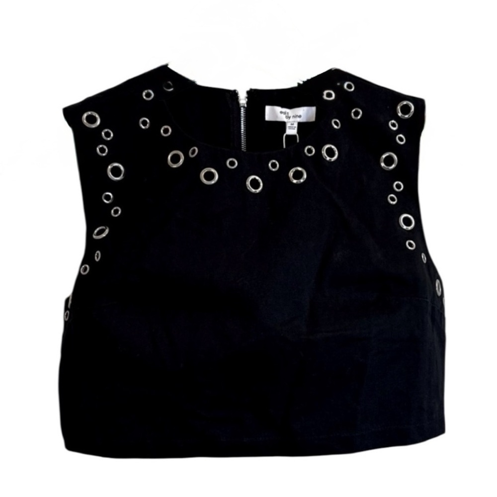 NWT Black Eyelet Crop Top Zip Up Back Sleeveless Shirt Vest